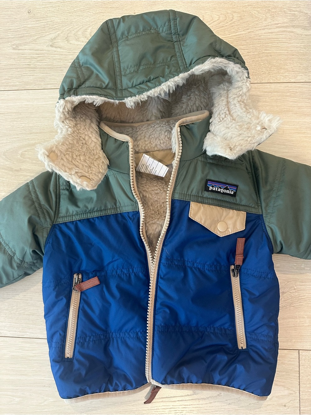 Patagonia Reversible Baby/Toddler Blue and Green Hooded Sherpa-Lined Jacket